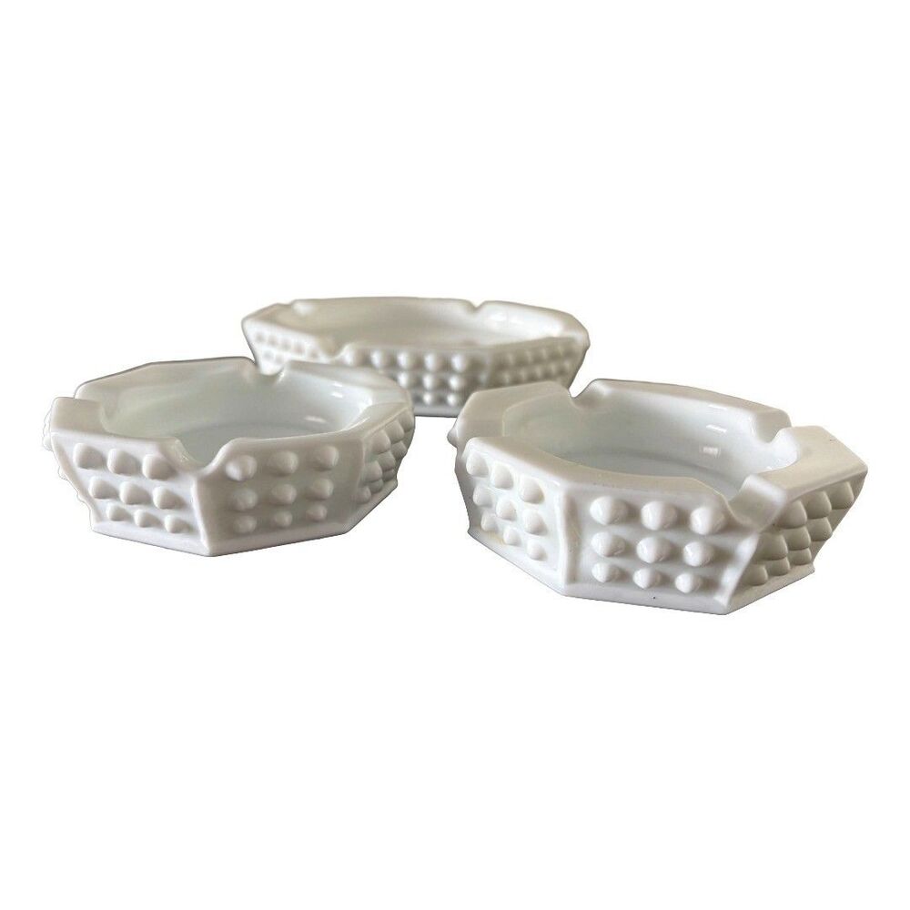 Vintage Fenton Milk Glass Hobnail Octagonal Ashtray Set of 3 MCM 1950s